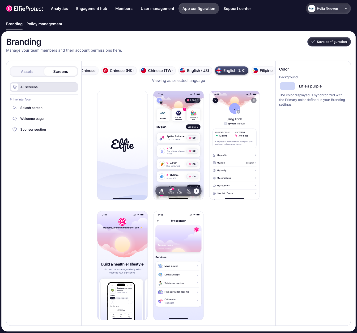 Branding editor in edit mode, showing the all-screens section with token-driven colour, logo and background controls
