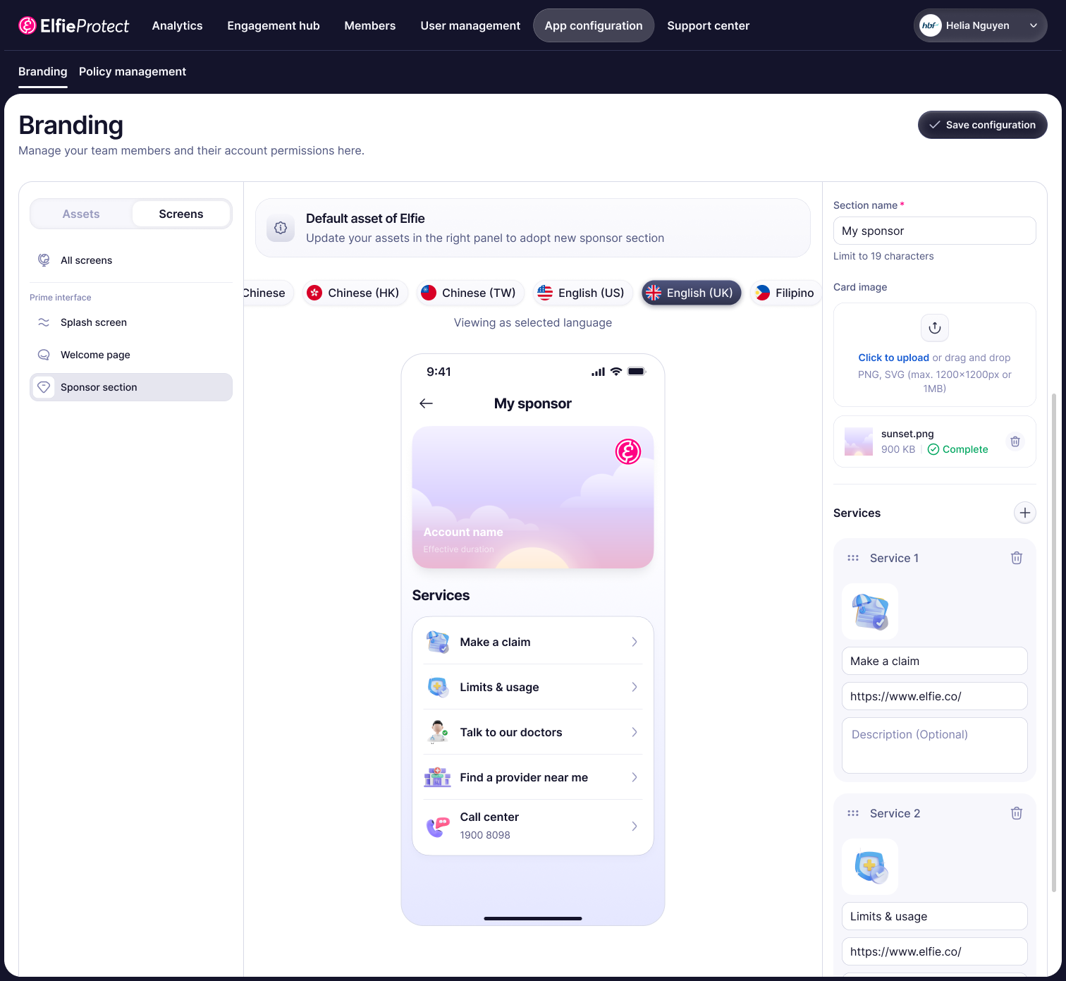 Branding editor — sponsor section in edit mode