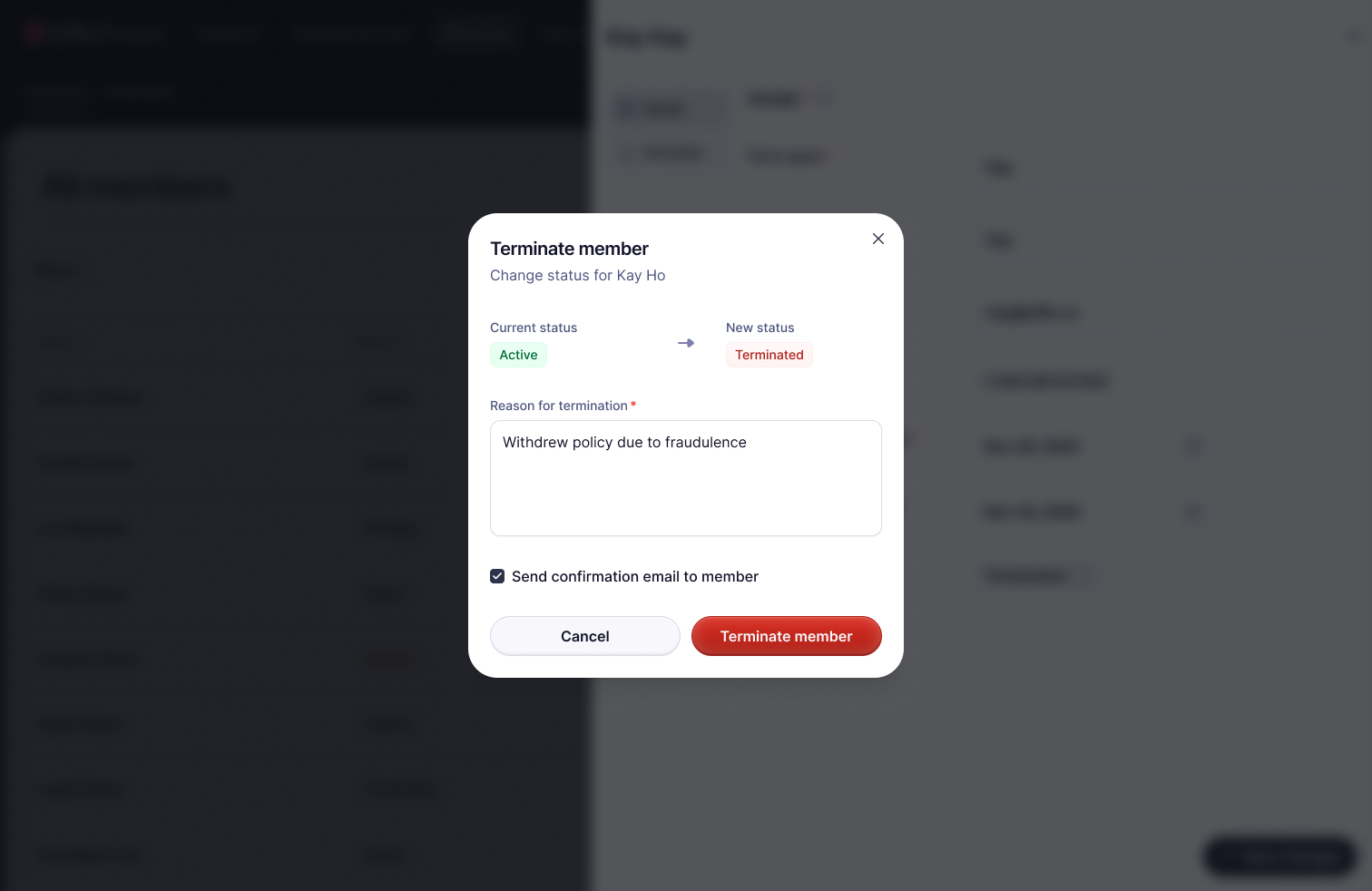 Terminate member confirmation modal requiring typed confirmation text