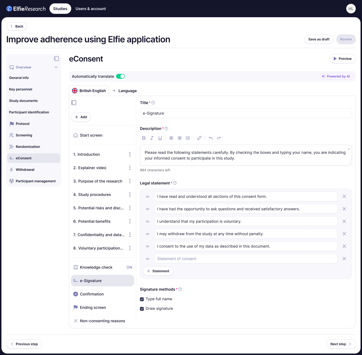 eConsent edit mode with the eSignature block selected