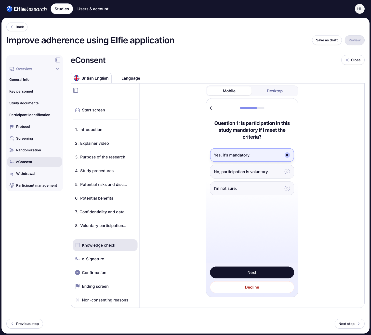 eConsent module in preview mode — a modular consent flow with comprehension checks