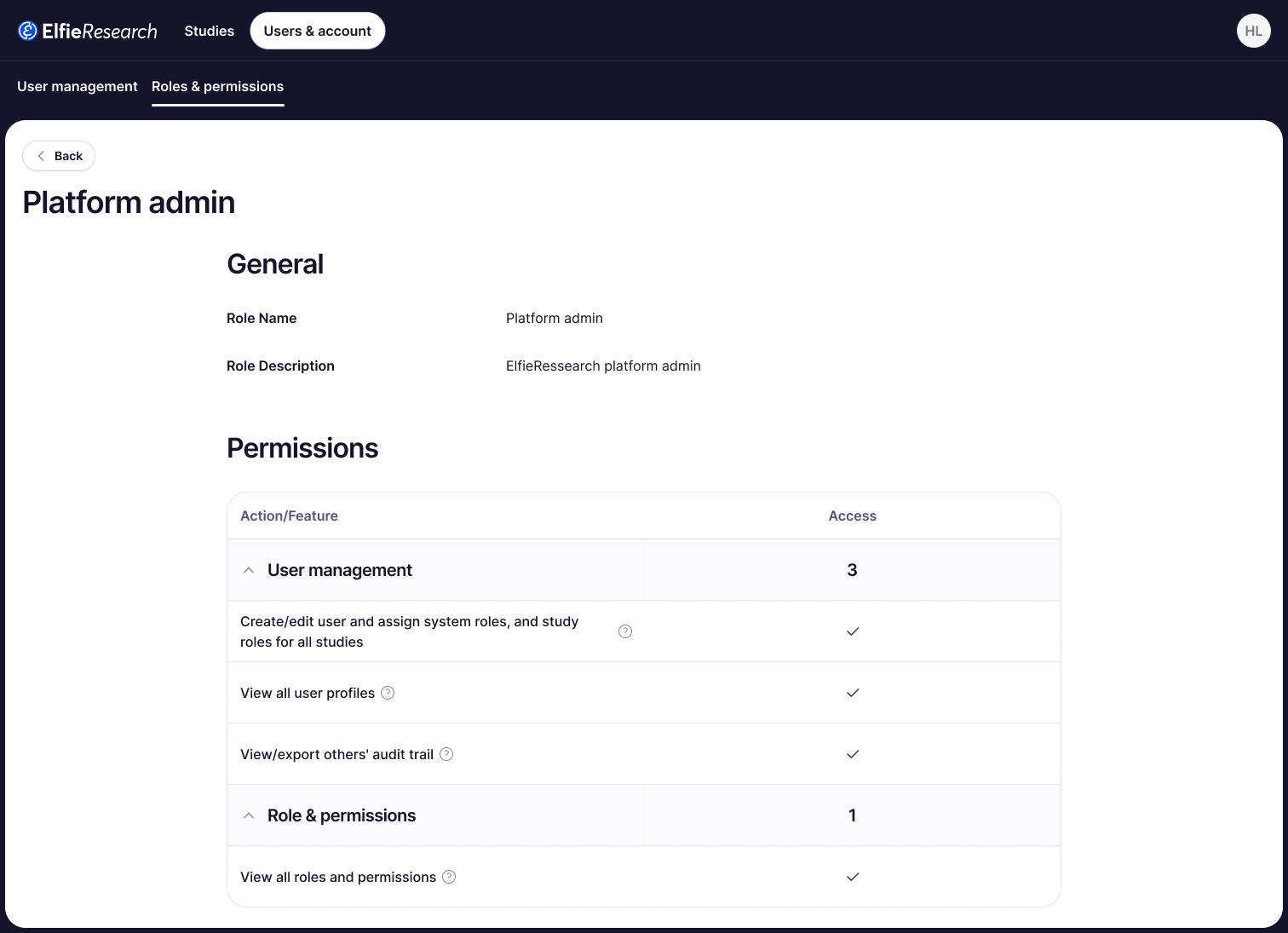 Roles and permissions matrix with a role detail panel open