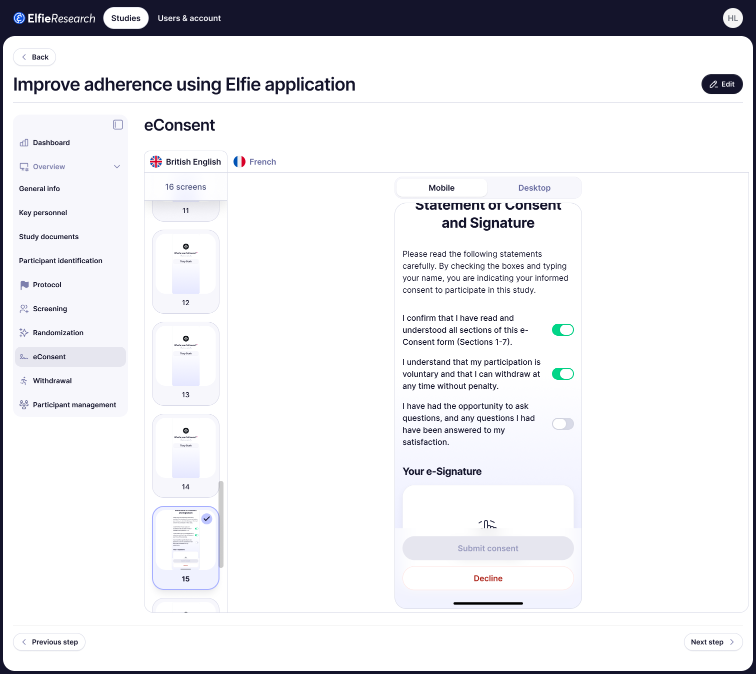 Study management view mode showing the eConsent module