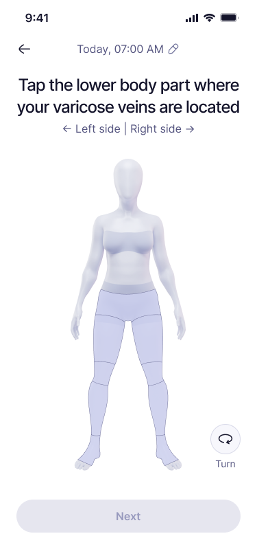 Add log — the 3D body view used to pick the region to scan