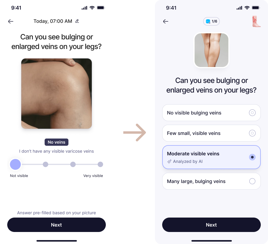 Before and after of the symptom input: a slider replaced by an explicit list of choices