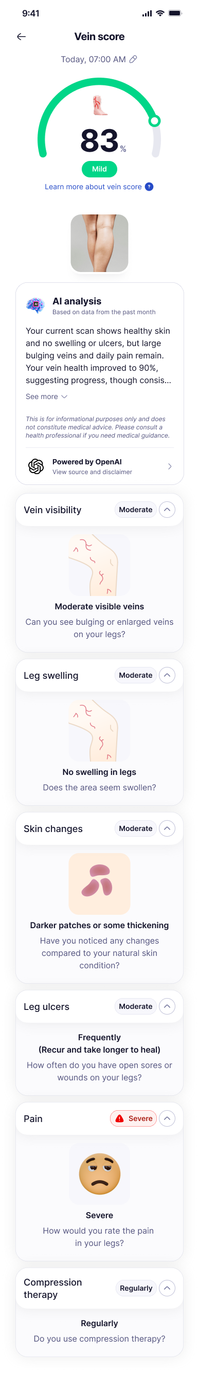 Vein scan result — the score and the plain-language reading beneath it